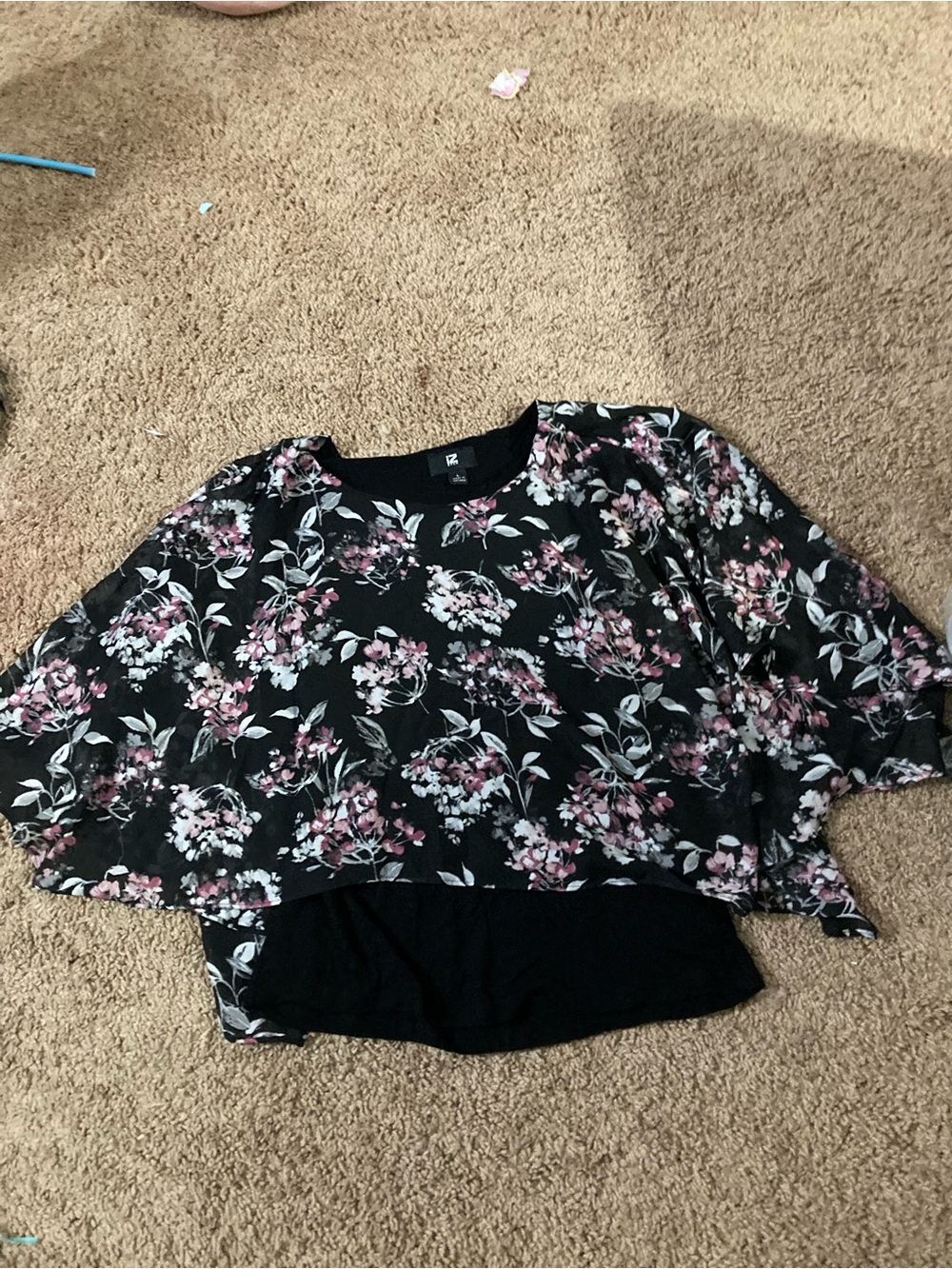 Iz Byer Black Top with Pink & White Floral Print